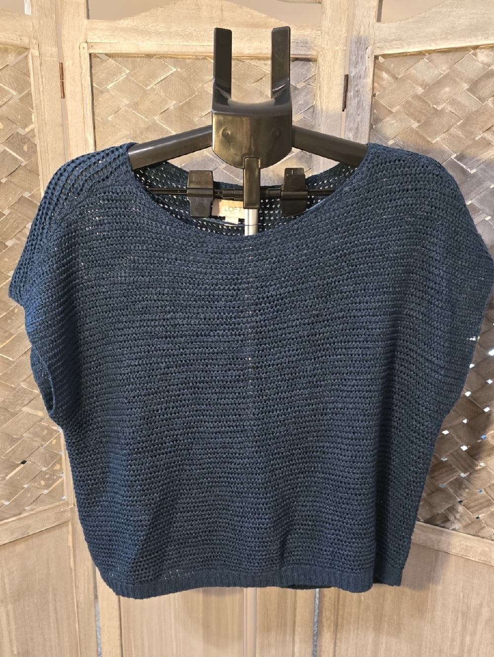 LOFT Navy Cropped Boxy Knit Crewneck Sweater